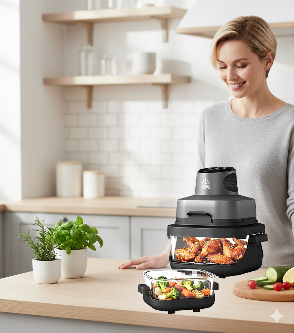 Smiling woman in a modern kitchen using the OYLUS 4-in-1 glass air fryer to cook healthy chicken wings and vegetables, with fresh herbs and sliced produce nearby; clean eating, smart appliance, healthy meal prep, minimalist kitchen style.