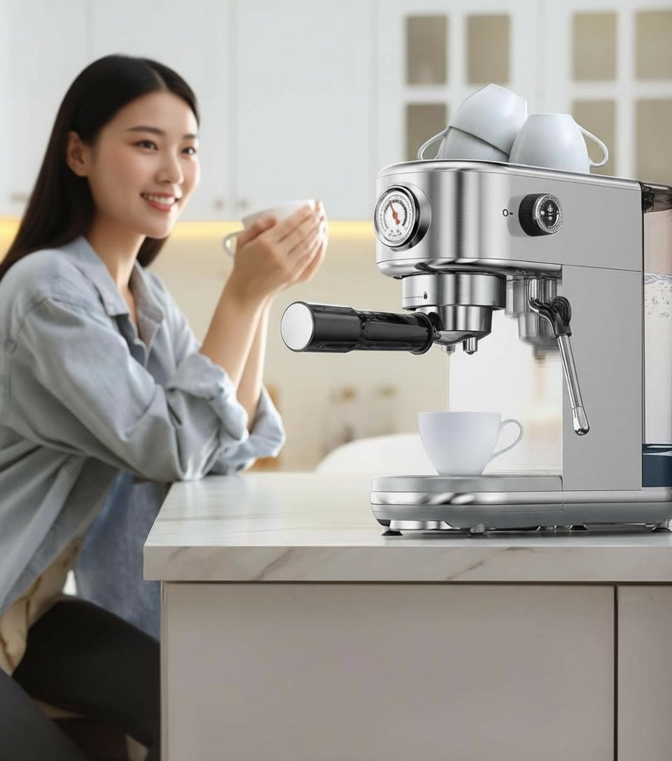 Asian woman enjoying a fresh cup of coffee at a kitchen counter with a sleek Atatix espresso machine—compact, stylish, and perfect for home wellness routines.