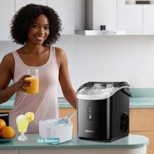 Woman enjoying a glass of orange juice next to a sleek black Euhomy countertop nugget ice maker with full ice basket in a modern kitchen, healthy home drink station, cold beverage appliance inspiration for small spaces and home entertaining.