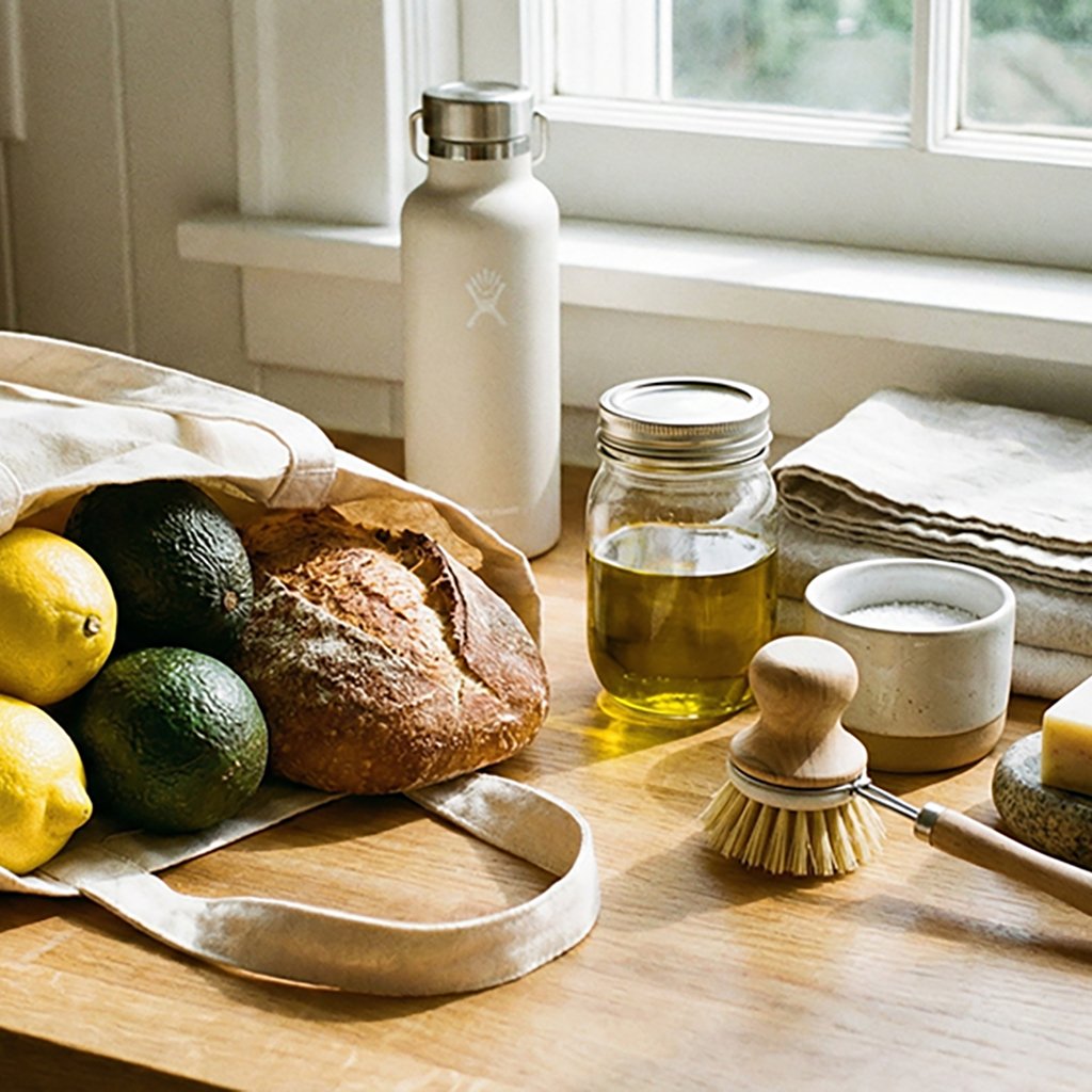 Cozy natural light kitchen scene with reusable tote bag, fresh sourdough bread, lemons, avocados, and eco-friendly cleaning essentials on a wooden counter by the window.