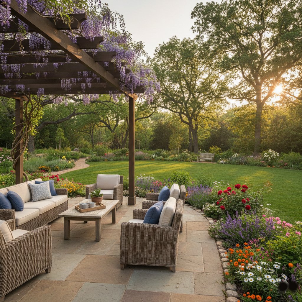Sunlit backyard patio with wicker outdoor furniture under a wooden pergola draped in blooming purple wisteria, surrounded by lush green lawn, colorful flower beds, and mature trees creating a peaceful garden retreat.