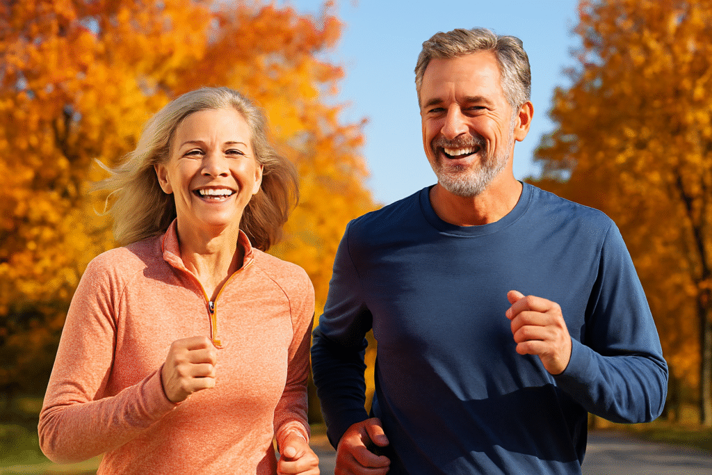 A middle-aged man and woman jogging outdoors on a path lined with vibrant autumn trees, both dressed in athletic long-sleeve shirts.