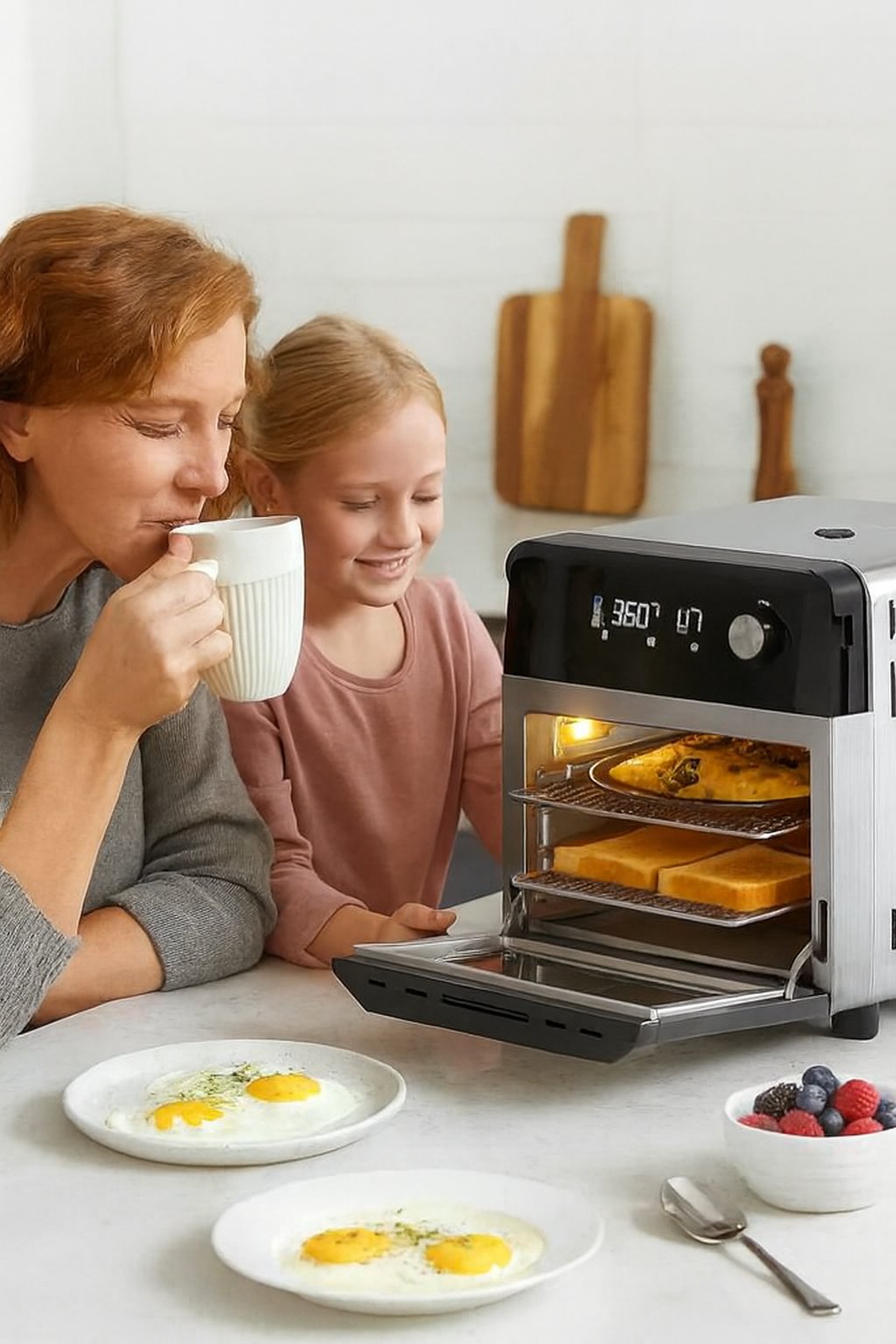 Mother and daughter making breakfast with the Nuwave Steam Combo Oven; cozy morning, healthy eggs and berries, family kitchen wellness moments.