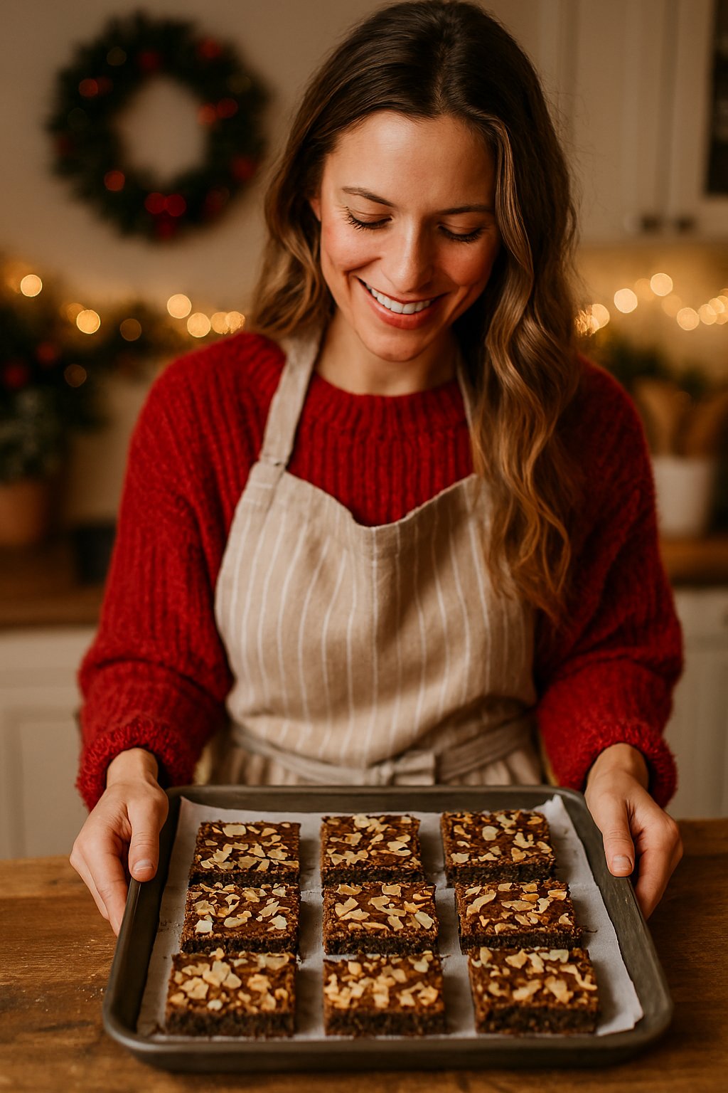 woman is baking in a cozy kitchen getting ready for Christmas. She is happy and smiling as she preparing the Diabetic Almond Espresso Bars.