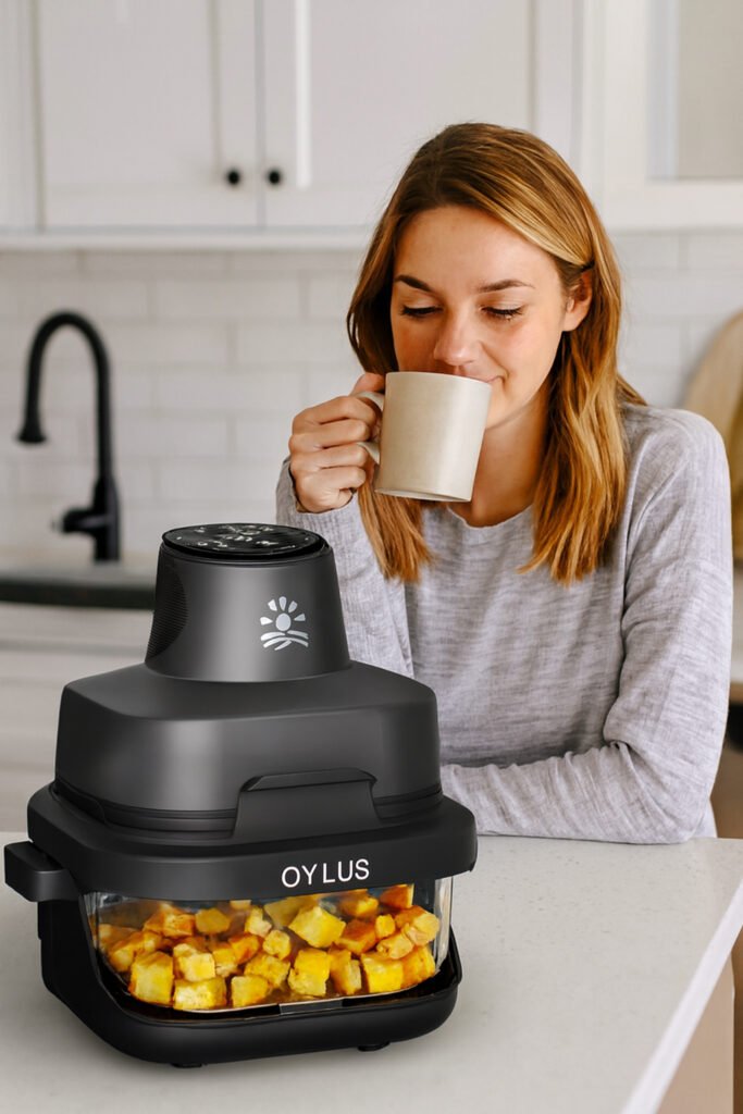 Woman enjoying coffee in a modern kitchen while waiting for food to cook in a sleek OYLUS 4-in-1 glass air fryer on the countertop; healthy lifestyle, easy meal prep, toxin-free cooking, minimalistic appliance, cozy morning routine.