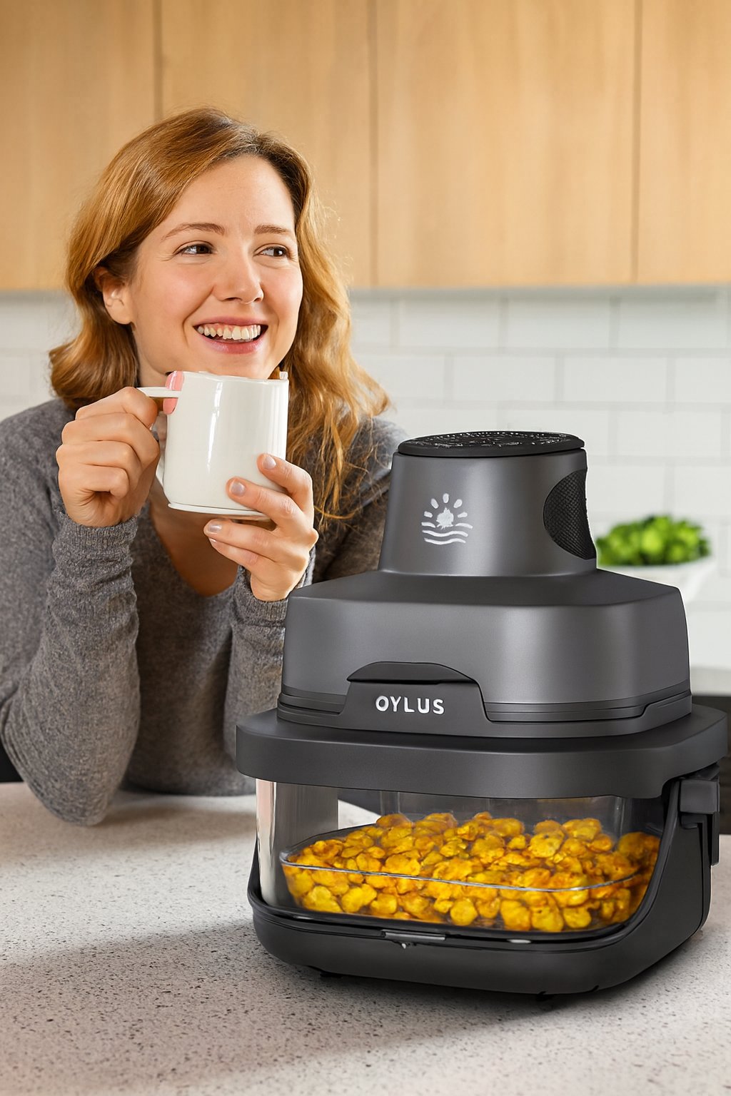 Smiling woman enjoying coffee in a modern kitchen while using the OYLUS 4-in-1 glass air fryer to prepare a healthy snack; convenient toxin-free cooking, easy meal prep, cheerful morning routine, wellness kitchen inspiration.