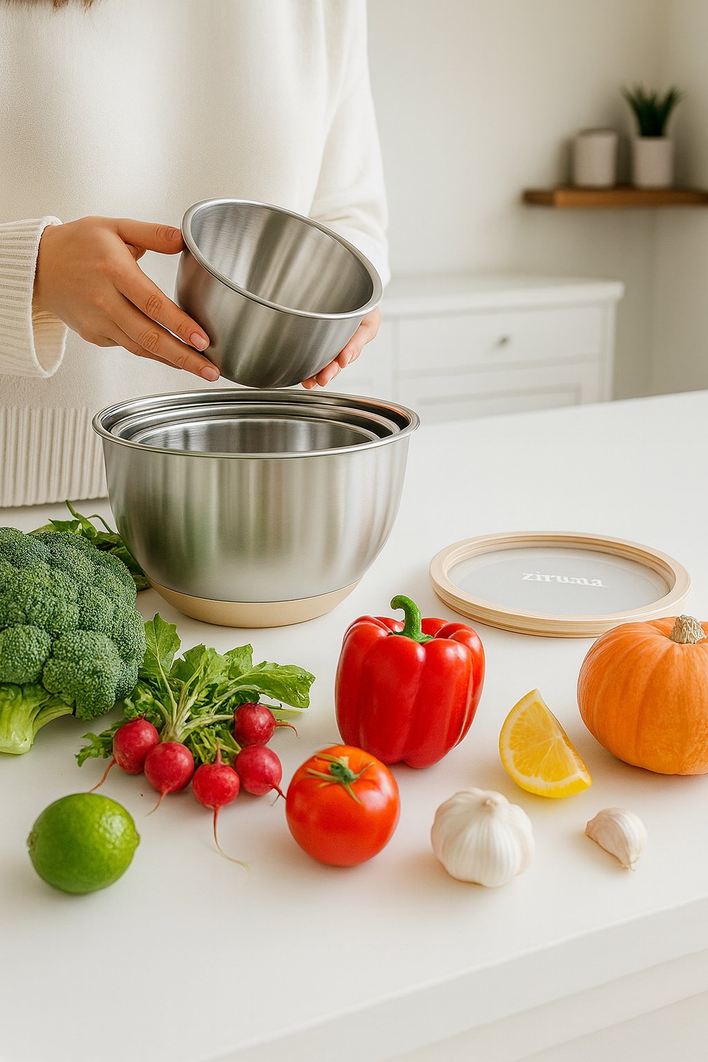 A woman in a bright, modern kitchen prepares healthy vegetables using a set of stainless steel nesting bowls. Fresh ingredients like broccoli, radishes, peppers, lime, tomato, garlic, and pumpkin are displayed on the counter, perfect for inspiring easy meal prep and vibrant recipes.