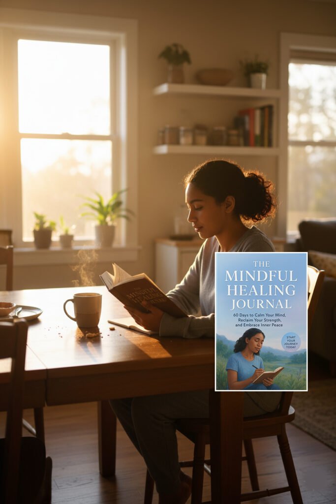 Woman sitting in a sunlit kitchen reading the Mindful Healing Journal, cozy morning self-care routine with coffee, mindfulness, and wellness inspiration.