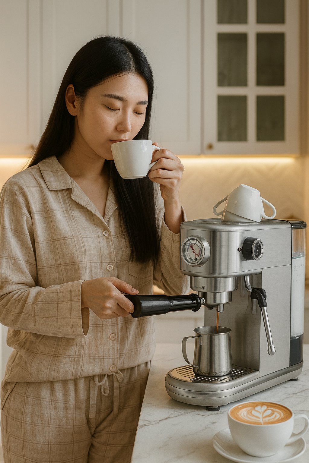Asian woman in pajamas using Atatix espresso machine to brew and enjoy a barista-style cappuccino in a cozy kitchen morning routine.