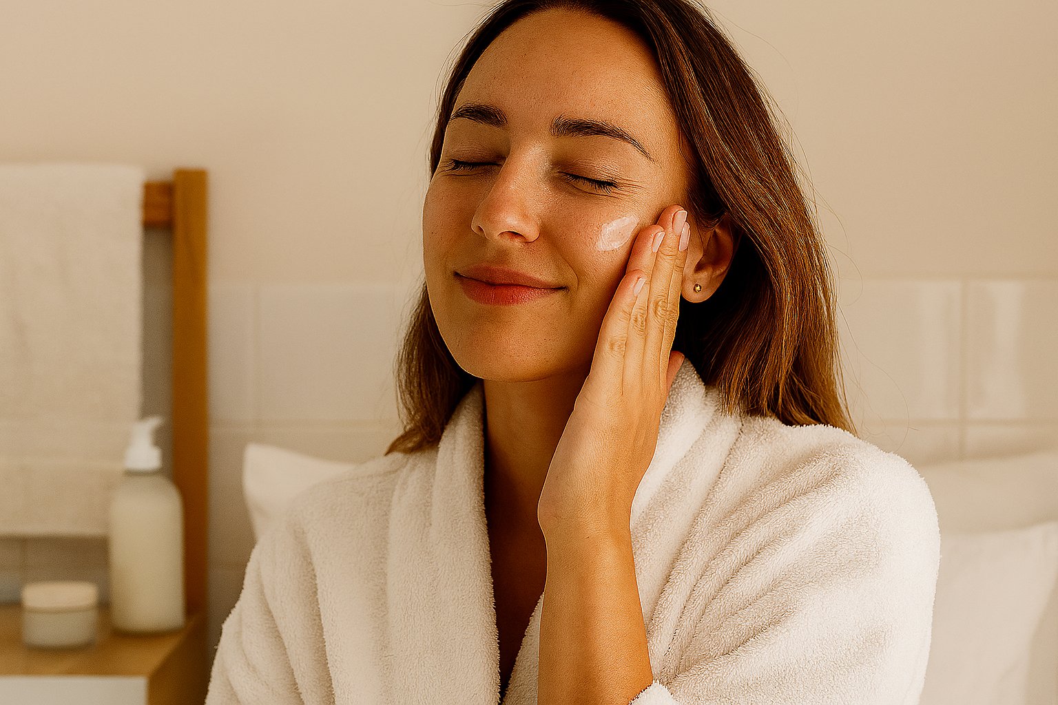 Woman in a white bathrobe applying balm to her face, highlighting daily skincare routine for glowing, plump, youthful, and radiant skin using nourishing face balm and natural anti-aging products.