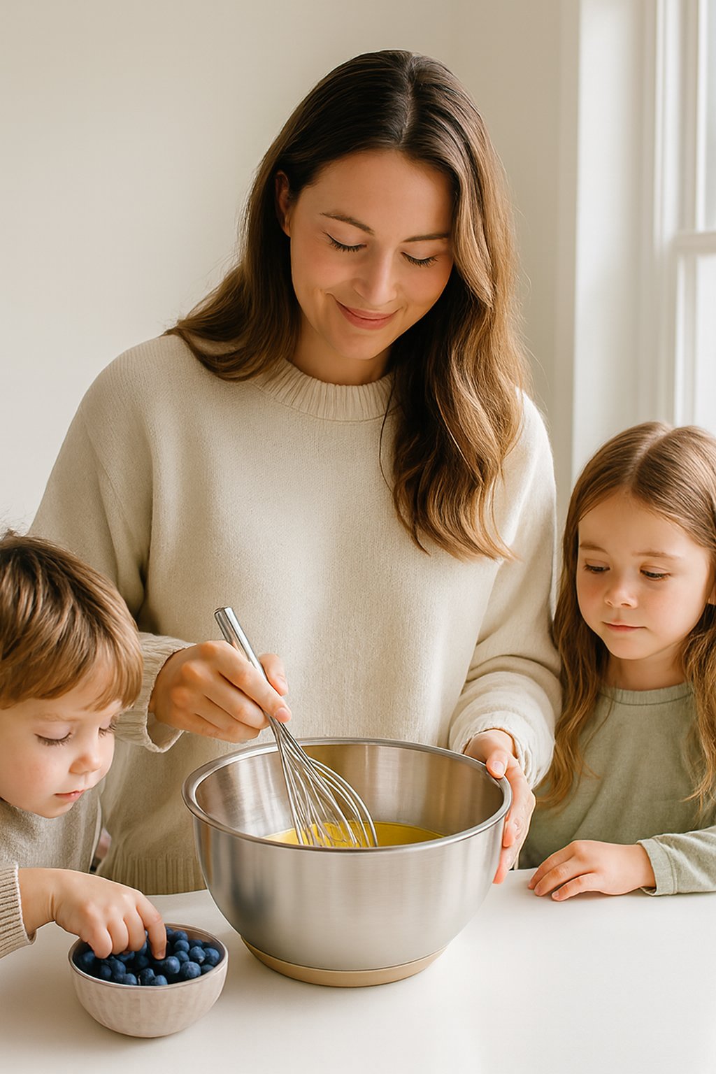 Mom and kids whisk eggs together in a stainless steel mixing bowl, with fresh blueberries nearby on a bright kitchen counter. 
